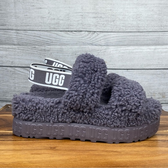 UGG Oh Fluffita Platform Genuine Shearling Slingback Slipper Sandal Shade Purple - Picture 4 of 12